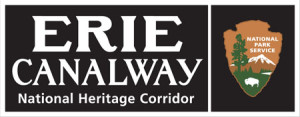 White lettering on black backgournd; "Erie Canalway National Heritage Corridor" logo