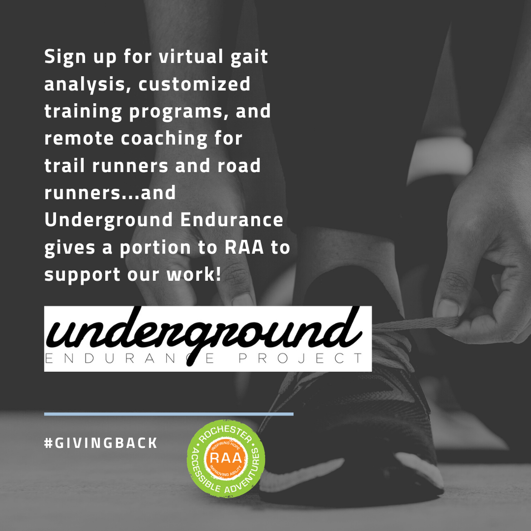 gray background with runner tying a shoe, Underground Endurance logo, RAA logo, #givingBack