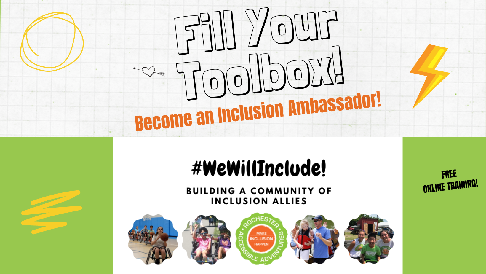A graphic with "Fill Your Toolbox, Become an Inclusion Ambassador"; 4 small photos of people engaged in inclusive recreation, RAA circle logo.