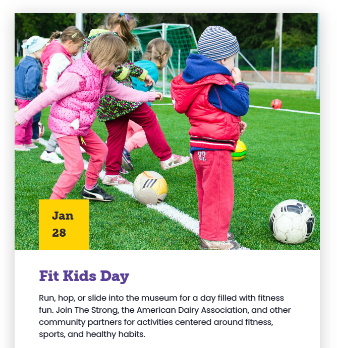 A snapshot of an event calendar with photo of kids in coats on a green soccer field kicking soccer balls from a field line