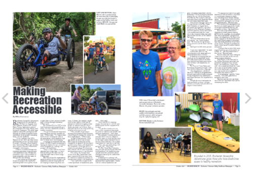 A snapshot of a magazine page with images of people participating in adaptive mountain biking, kaaking, and wheelchair basketbal