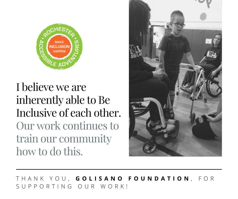 A graphic shows a black and white child using a walker in a gym, with several teachers trying out wheechairs while talking to the boy. I believe we are inherently able to be inclusive of each other. Our work continues to train our community how to do this."