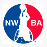 NWBA logo, person in a sports chair with basketball raised up, red and blue halves of the logo "NW BA"