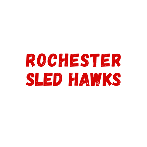 Red font "Rochester Sled Hawks" logo