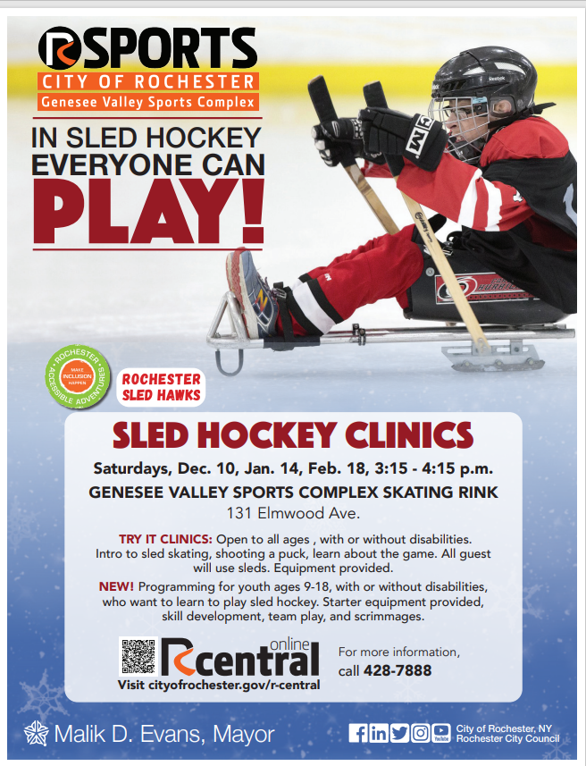 Flyer for Sled Hockey Try It clinic, features image of a person in full hockey gear on a hockey sled on an ice rink. Program details provided.