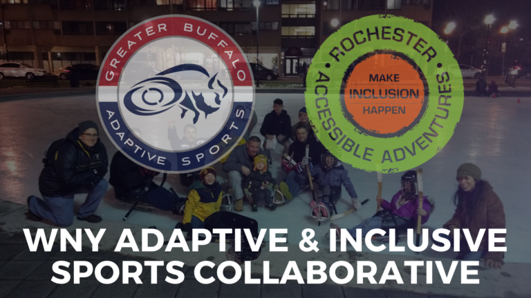 Two circle logos - one for Greater Buffalo Adaptive Sports and one for Rochester Accessible Adventures - overlay a background photo of a group of people on an outdoor ice rink with many on hockey sleds. "WNY Adaptive & Inclusive Sports Collaborative"