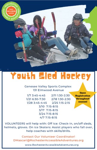 A flyer for Sled Hockey program, three youth in sleds on the ice. Program details for 2023 season.