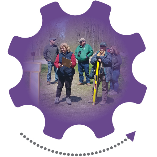 A purple gear graphic with an arrow denoting movement; picture inside of gear of a group of five people outdoors with measuring tools