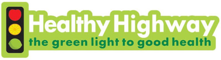 A logo for Healthy Highway, starts with a stoplight (red, yellow, green lights) and then "the green light to good health"; the logo is highlighted with a light green background
