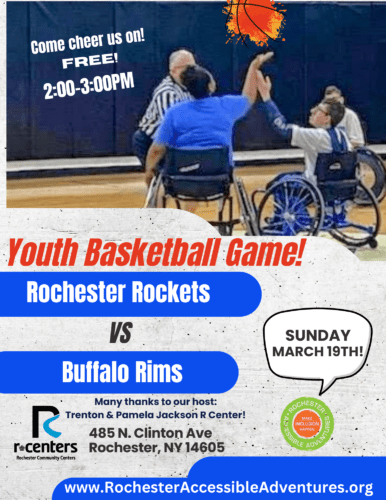 Youth Wheelchair basketball flyer with photo of two youth poised for a jump ball start to a game; ref in the background