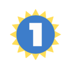 A blue circle with a white #1 in the center, rimmed with yellow sun rays.