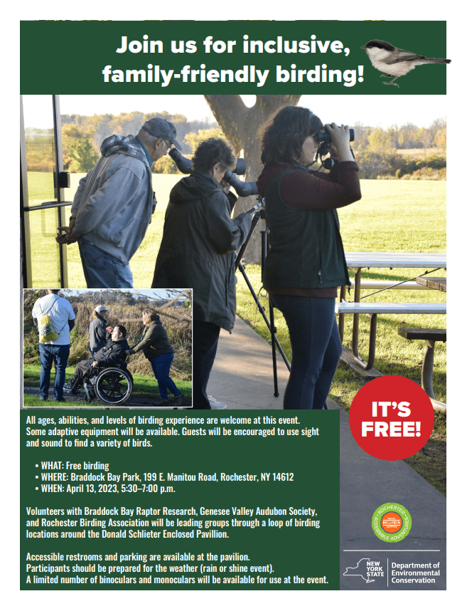 Flyer with image of three people standing at birding scopes looking out over a field, and several people moving along a birding path, one in a manual wheelchair being pushed by someone.