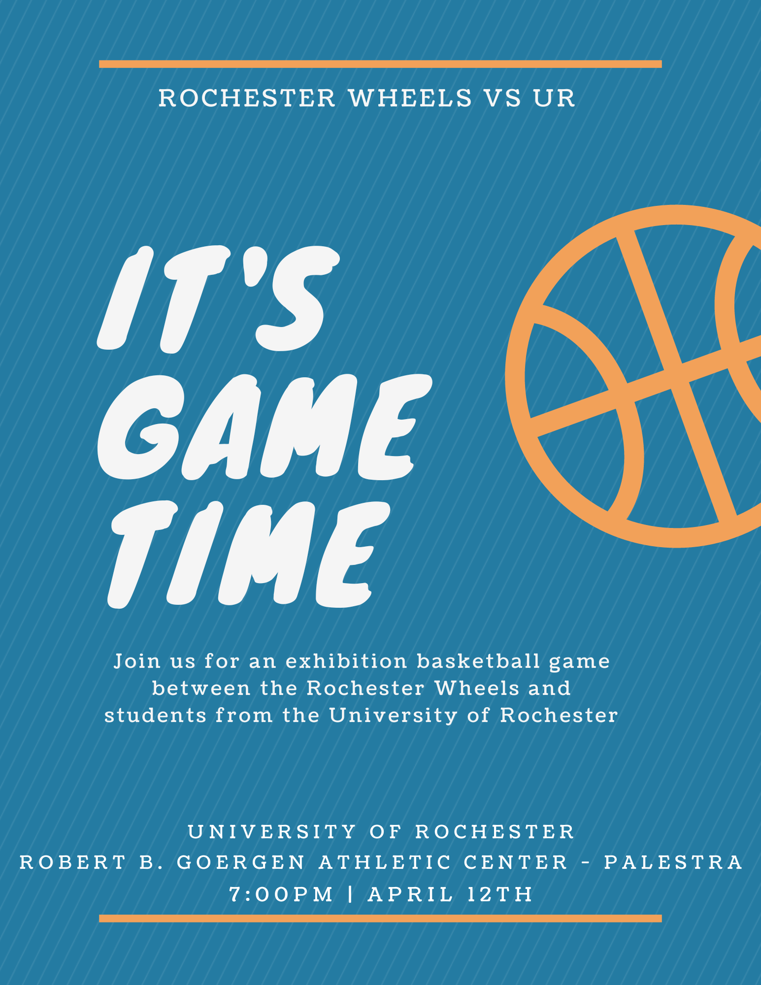 Event flyer with "It's Game Time!" and a graphic outline of a basketball with game information