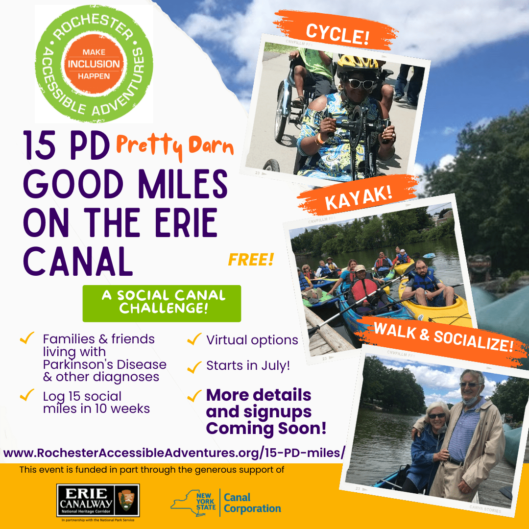 Flyer with 3 photos of a woman on a handcyle on the canal, a group of people rafted together in kayaks by a dock, a man and woman comfortably with arm around each other, standing by a kayak and canal; promotional for 15 PD Miles on the Erie Canal