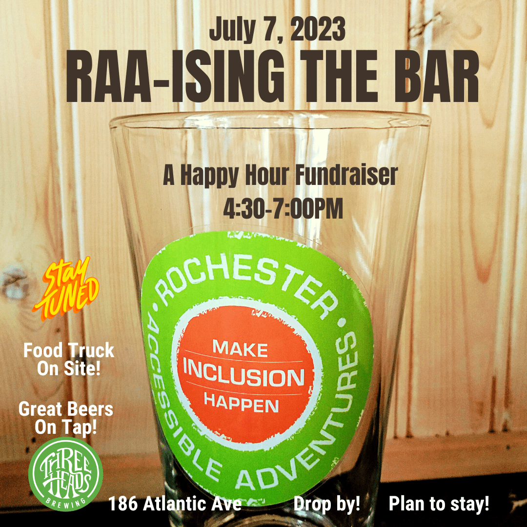 Beer glass with RAA logo, wood background, info for RAA's RAA-ising the Bar event