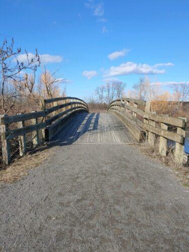 Crushed stone path leads onto a railed boardwalk