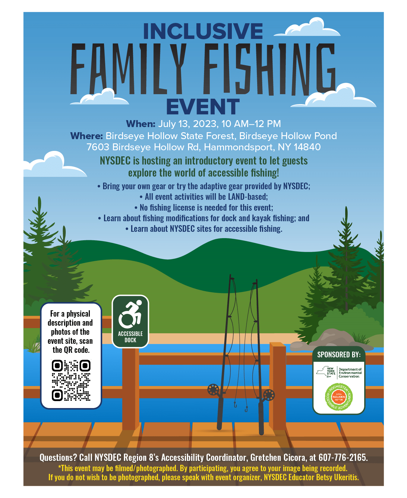 Flyer for an inclusive family fishing event with NYSDEC and RAA, info about the event