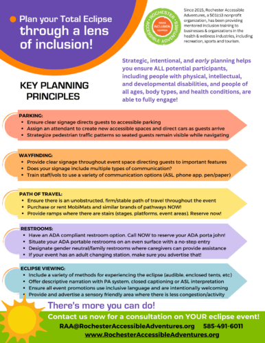 A colorful graphic with text boxes describing Key planning principles for planning for an inclusive Total Solar Eclipse event; RAA logo and information