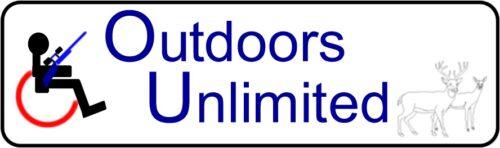 A logo with a person icon in a wheelchair holding an hunting rifle; "Outdoors Unlimite"