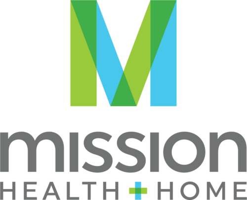 A logo with green and light blue "M" and "Mission Health + Home"