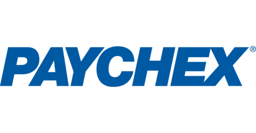 Logo with blue letters, "Paychex"