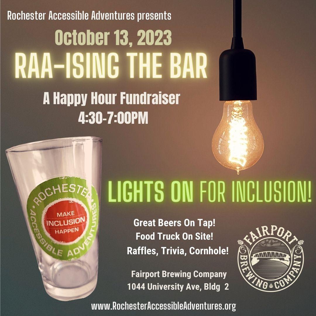 A dark background with a soft amber string lightbulb, information on RAA-ising the Bar "Lights On for Inclusion" social fundraiser!