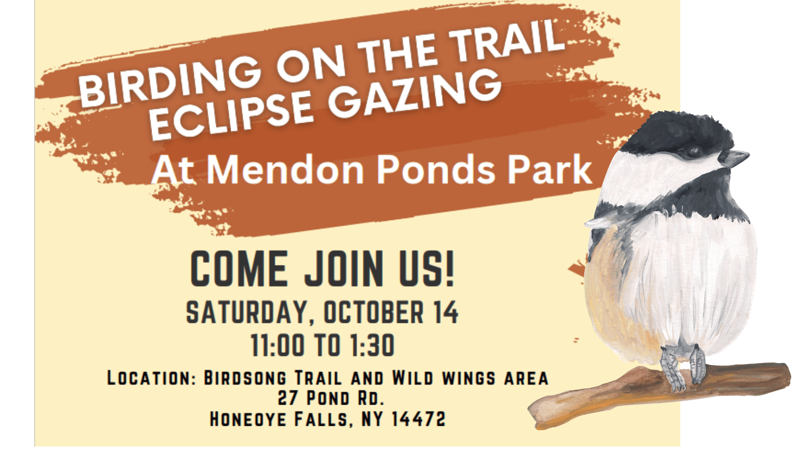 A tan and brown flyer with info about a birding on the trail and eclipse gazing event; a graphic of a chickadee