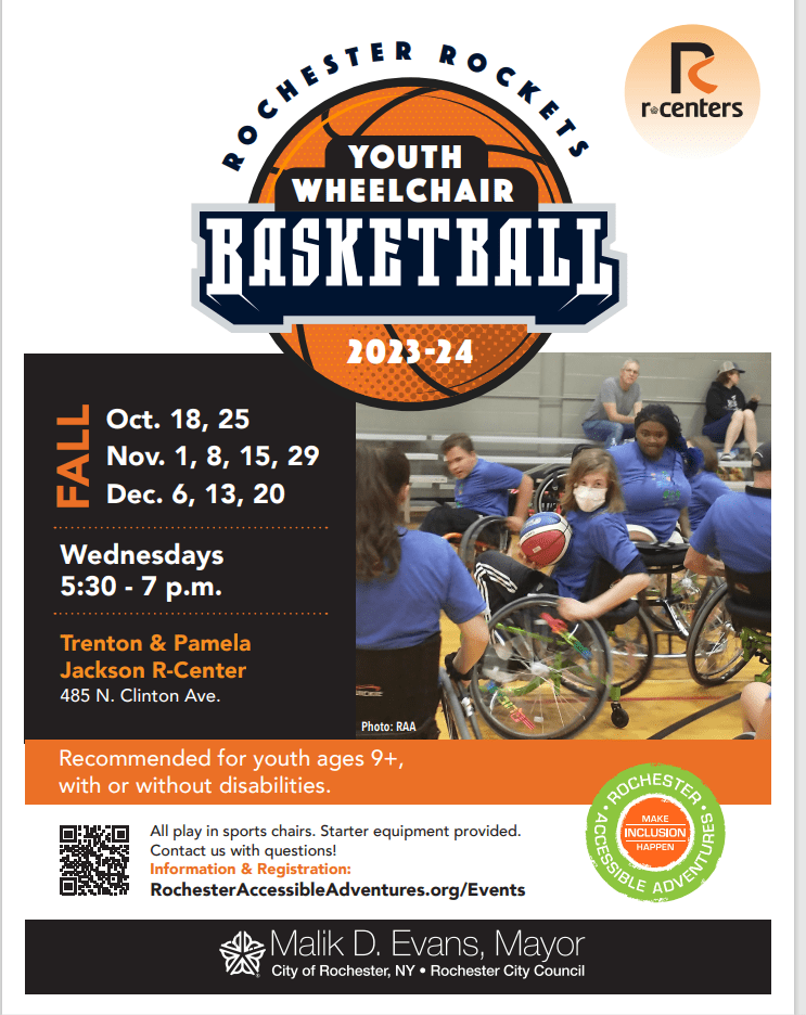 A flyer for youth wheelchair basketball with an image of youth in sports chairs playing basketball and program information