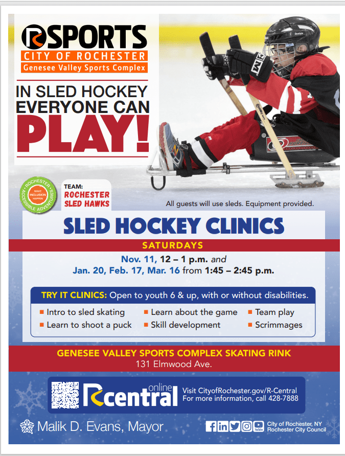 A flyer with a person bedecked in hockey gear on a hockey sled on the ice; info about the sled hockey program as given in the post.