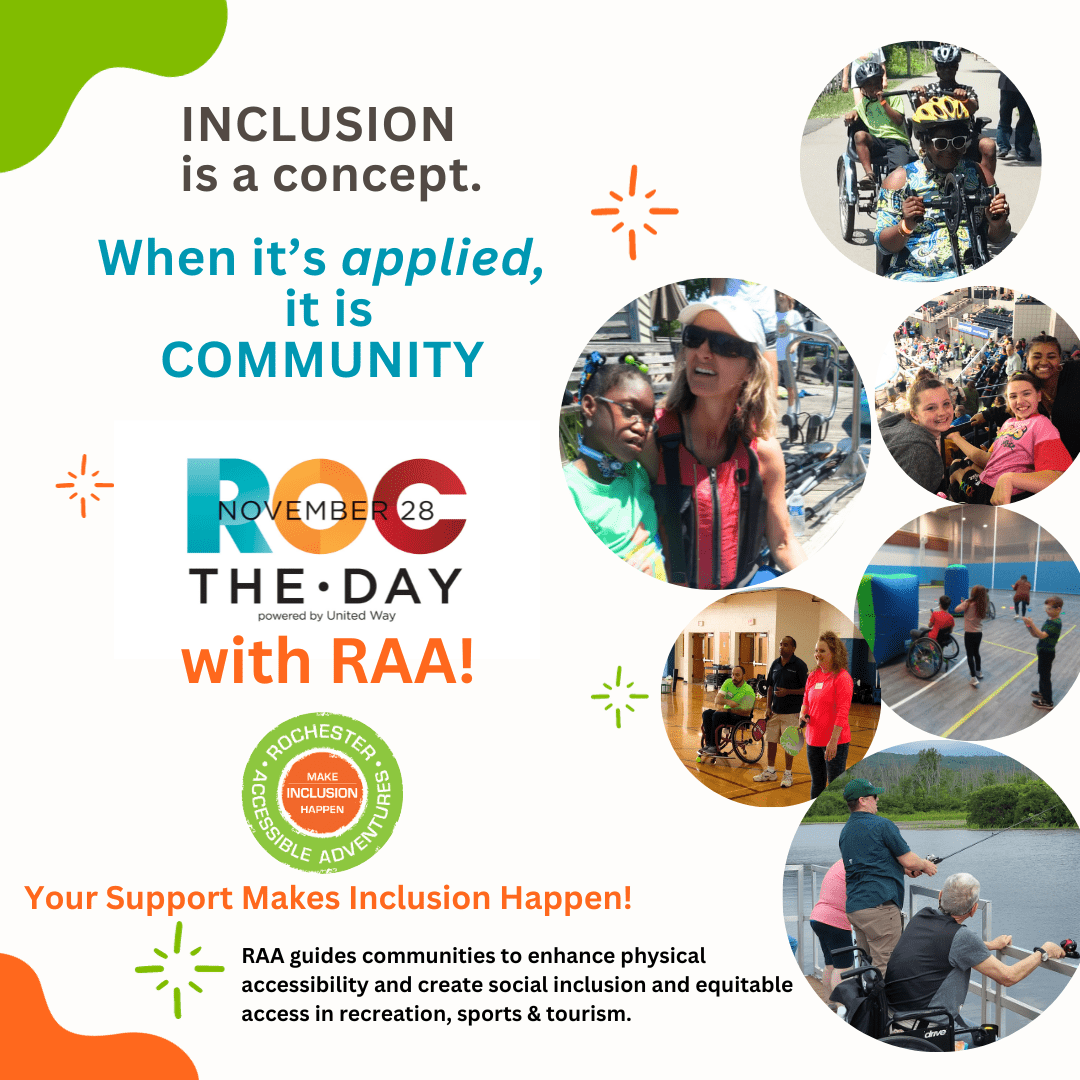 Six circle frames with photos of people with and without disabilities: sitting on a kayak dock, riding adaptive cycles, at a hockey game, playing pickleball, playing Nerf in a gym, and fishing at an accessible dock. "Inclusion is a concept. When it's applied, it is COMMUNITY. Roc the Day with RAA!"