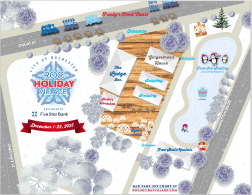 an illustrated map rendering of Martin Luther King Jr Park at Manhattan Square. An ice rink is depicted in light blue