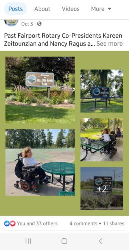 A screenshot of Fairport Rotary's post on Oct 3, 2023 showing the installation of three accessible picnic tables at three Perinton, NY parks. A person who uses a power wheelchair is sitting at the intentional spaces between benches of round, square and rectangular picnic tables. 