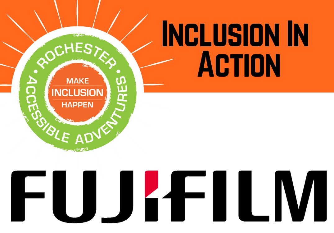 "Inclusion in Action" with RAA's Green and orange circle logo, and black bold lettering "FUJIFILM"