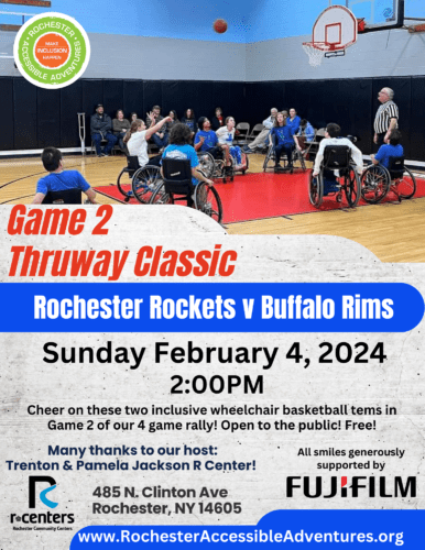 Flyer with two youth teams in sports chairs on a basketball court as one player shoots a foul shot. Info about a basketball game on Sunday Feb 4th.
