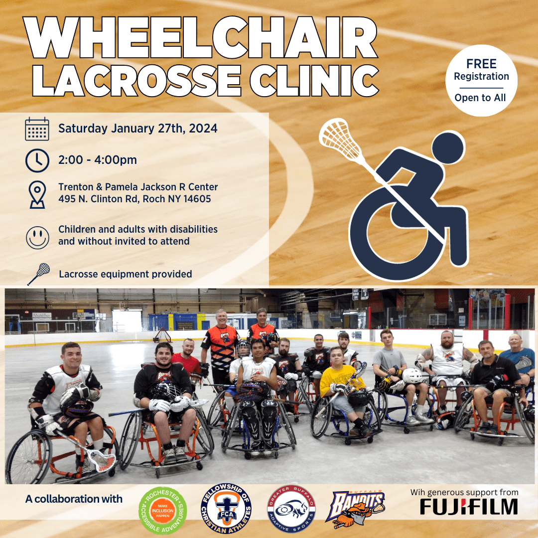An image of about 15 people on a court, most in a sports chair and holding lacrosse equipment, "Wheelchair Lacrosse Clinic, Jan 27, Free"