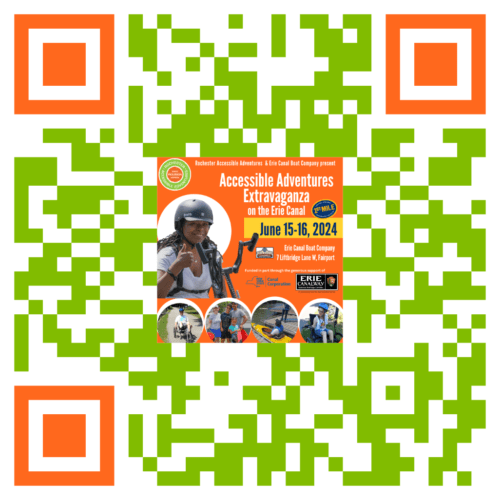 QR Code with orange squares and green pixels with the Extravaganza flyer in the center dot. Preregistration for the Accessible Adventures Extravaganza on the Canal.