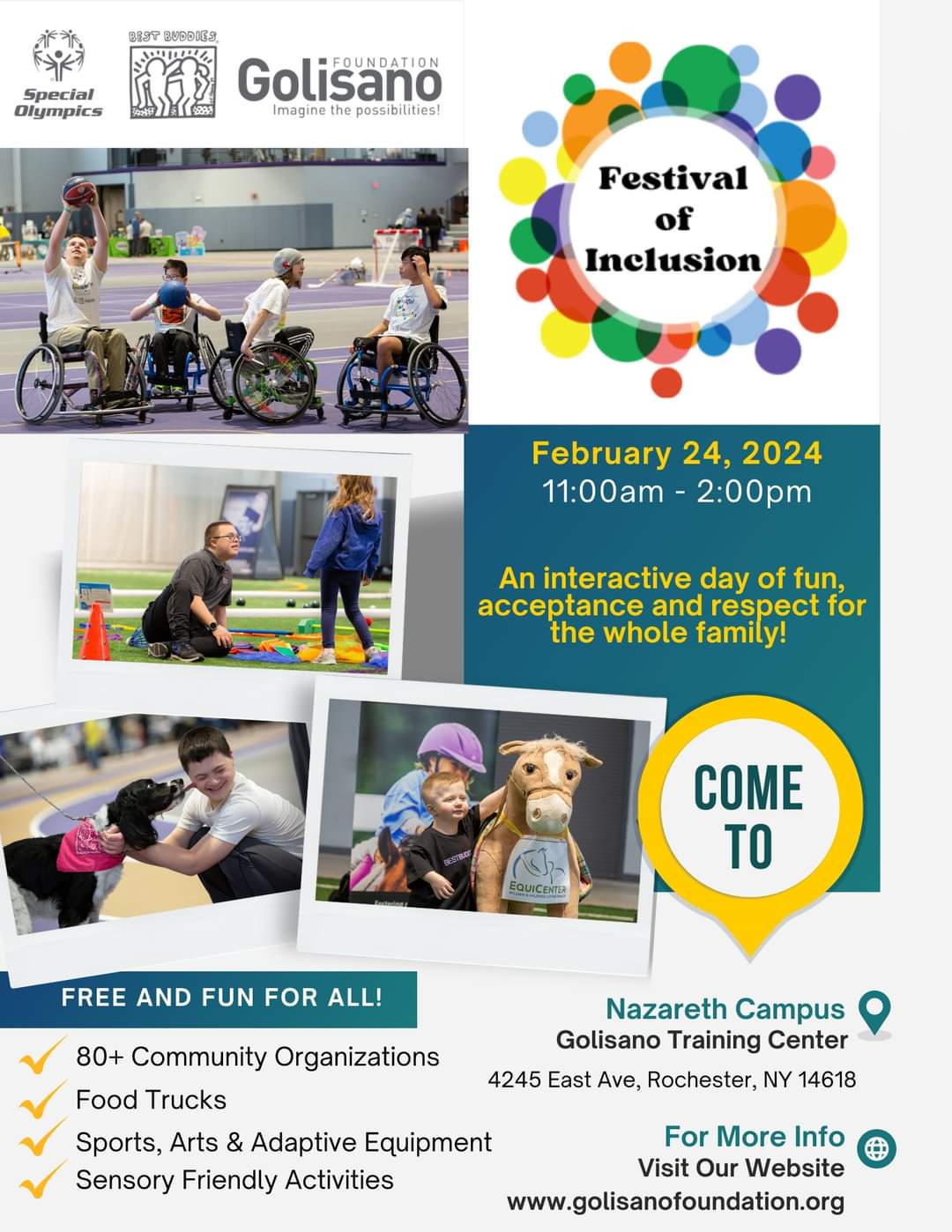 A flyer with pictures of youth playing wheelchair basketball, hugging a dog, posing for photos with a large stuffed horse, and playing with large building blocks on a gym floor.