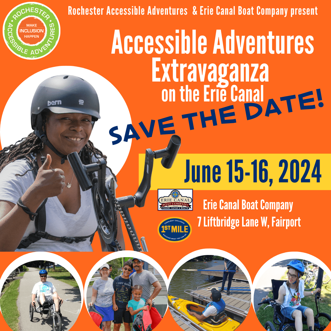 A save the date flyer with images of people kayaking and cycling with adaptive equipment. June 15-16, 2024