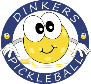 A round logo with a dark blue outer ring that says Dinkers Pickleball and inside is a bright yellow pickleball with eyes and arms and big smile