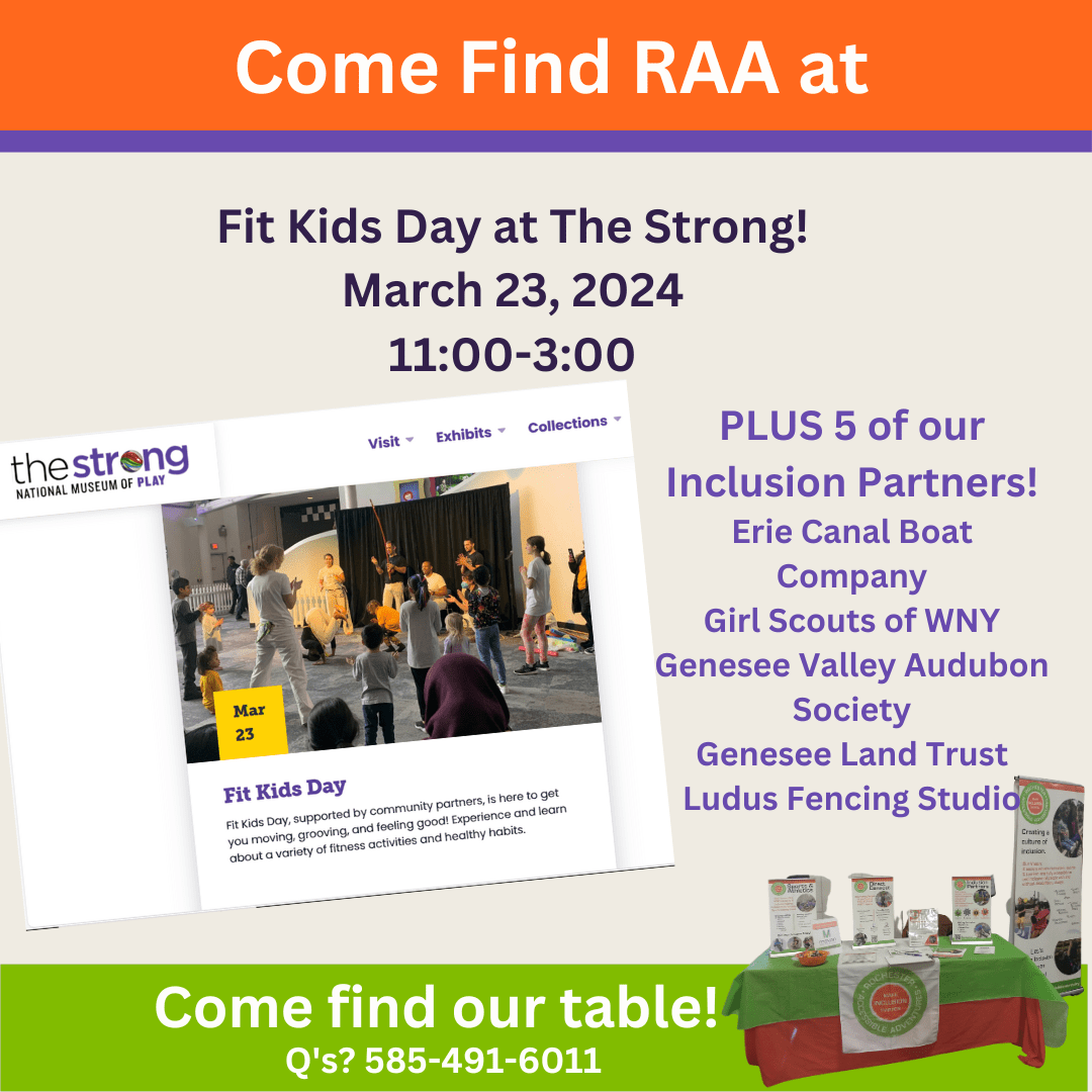 Flyer promoting RAA at Fit Kids Day at The Strong on March 23rd.