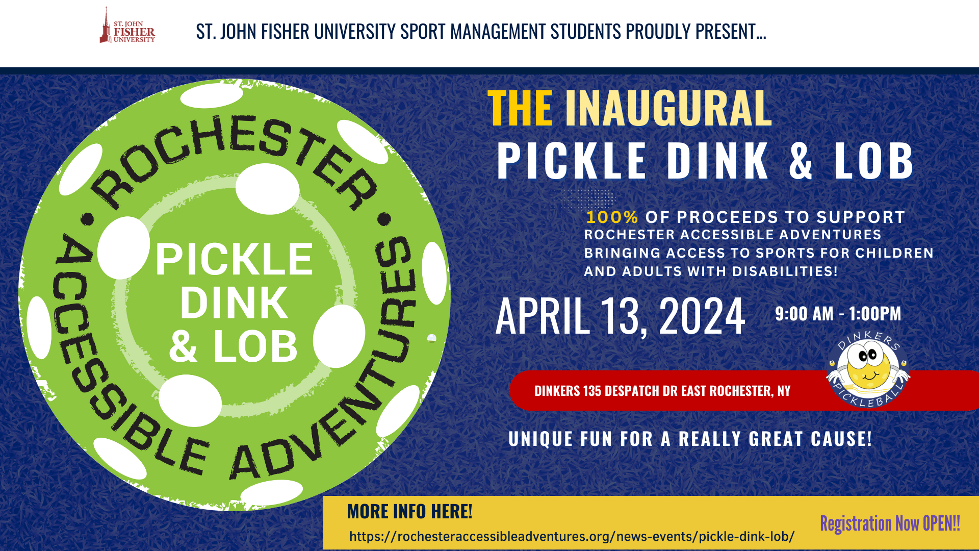 A banner graphic for The Inaugural Pickle Dink & Lob, with a neon green pickleball and event info.
