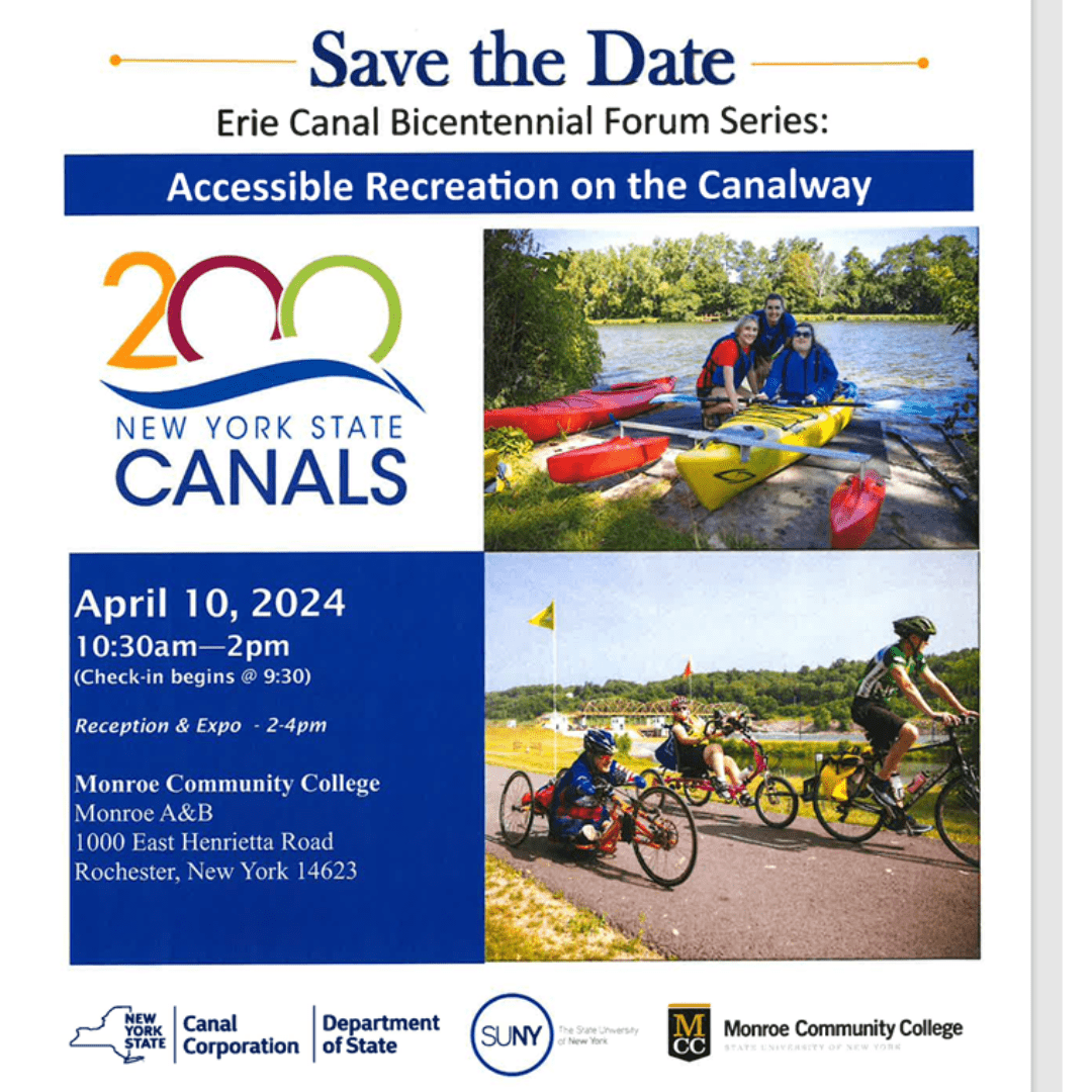 Save the date flyer for Accessible Recreation on the Canalway Forum on April 10, 2024