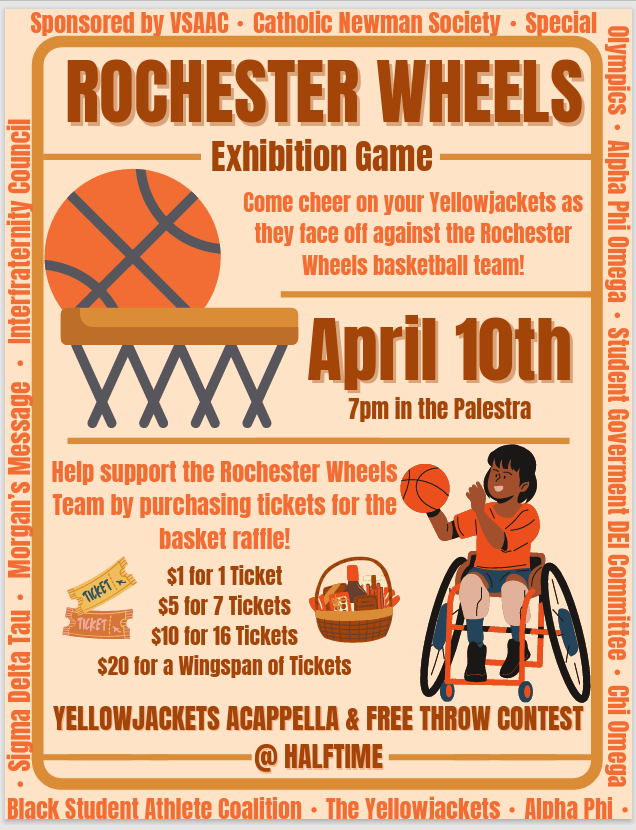 Light orange flyer with a basketball and hoop graphic with a person in a sports chair holding a basketball; info on the Wheels v UR Varsity game on April 10th.