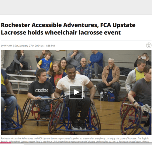 Screenshot of a web article showing six players in sports chairs holding lacrosse sticks; article title says "Rochester Accessible Adventures, FCA Upstate Lacrosse holds wheelchair lacrosse event"