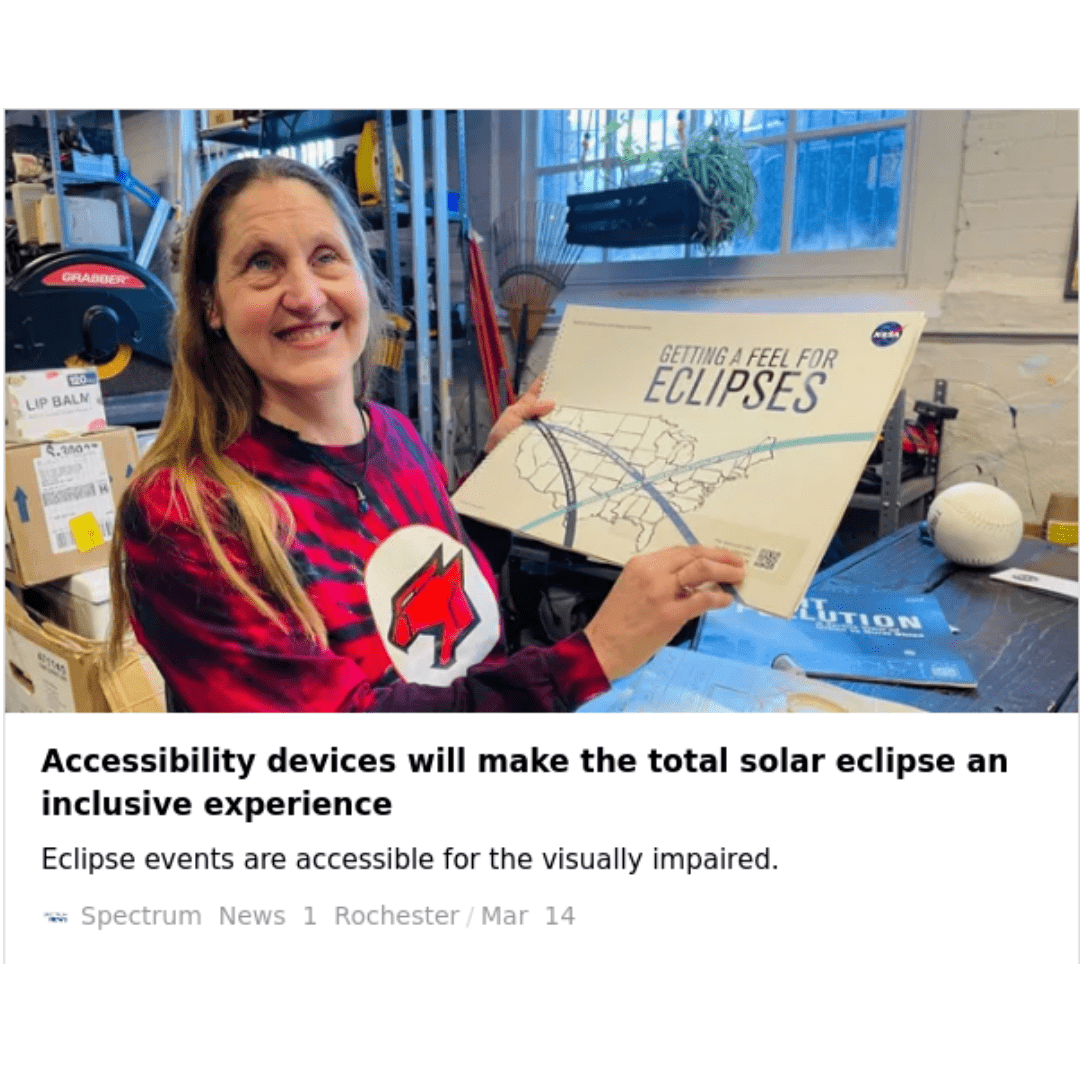 Screenshot of a news article entitled "Accessibility devices will make the total solar eclipse an inclusive experience" with an woman who is blind holding up tactile NASA eclipse learning materials.