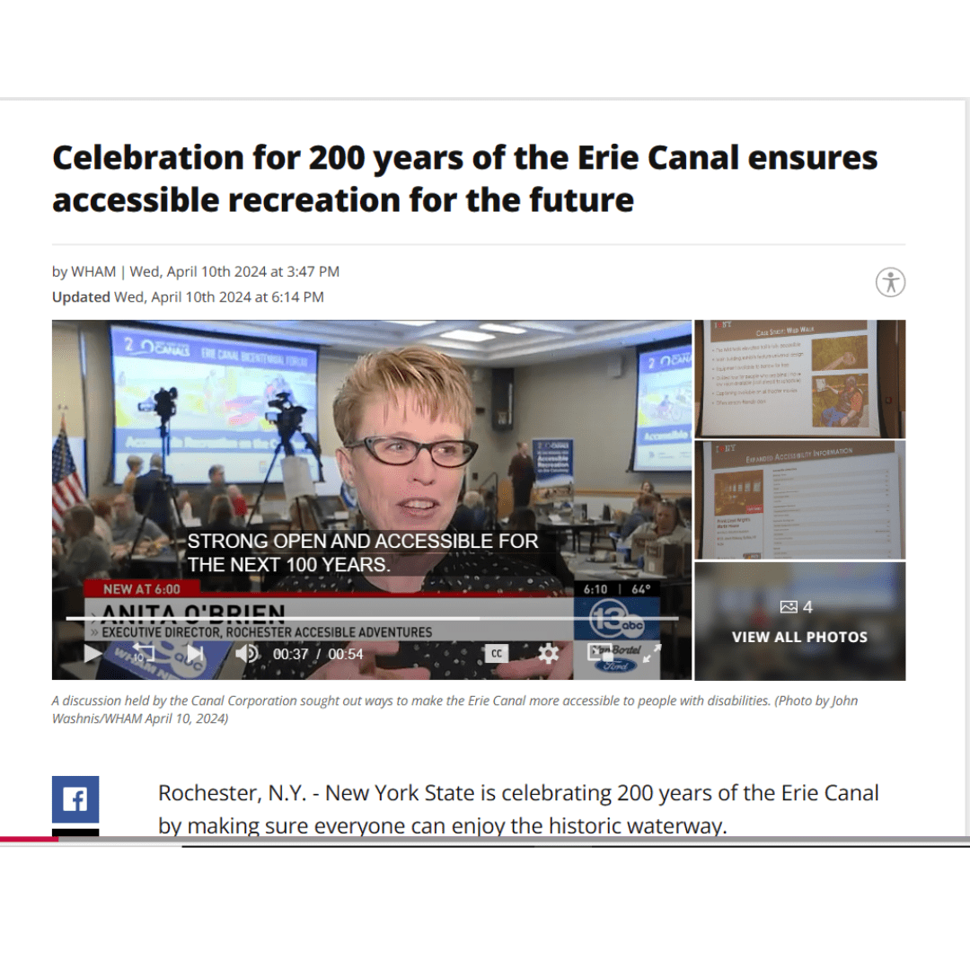 Screenshot from a web article with woman in the foreground and a conference setting in the background. "Celebration for 200 years of the Erie Canal ensures accessible recreation for the future."