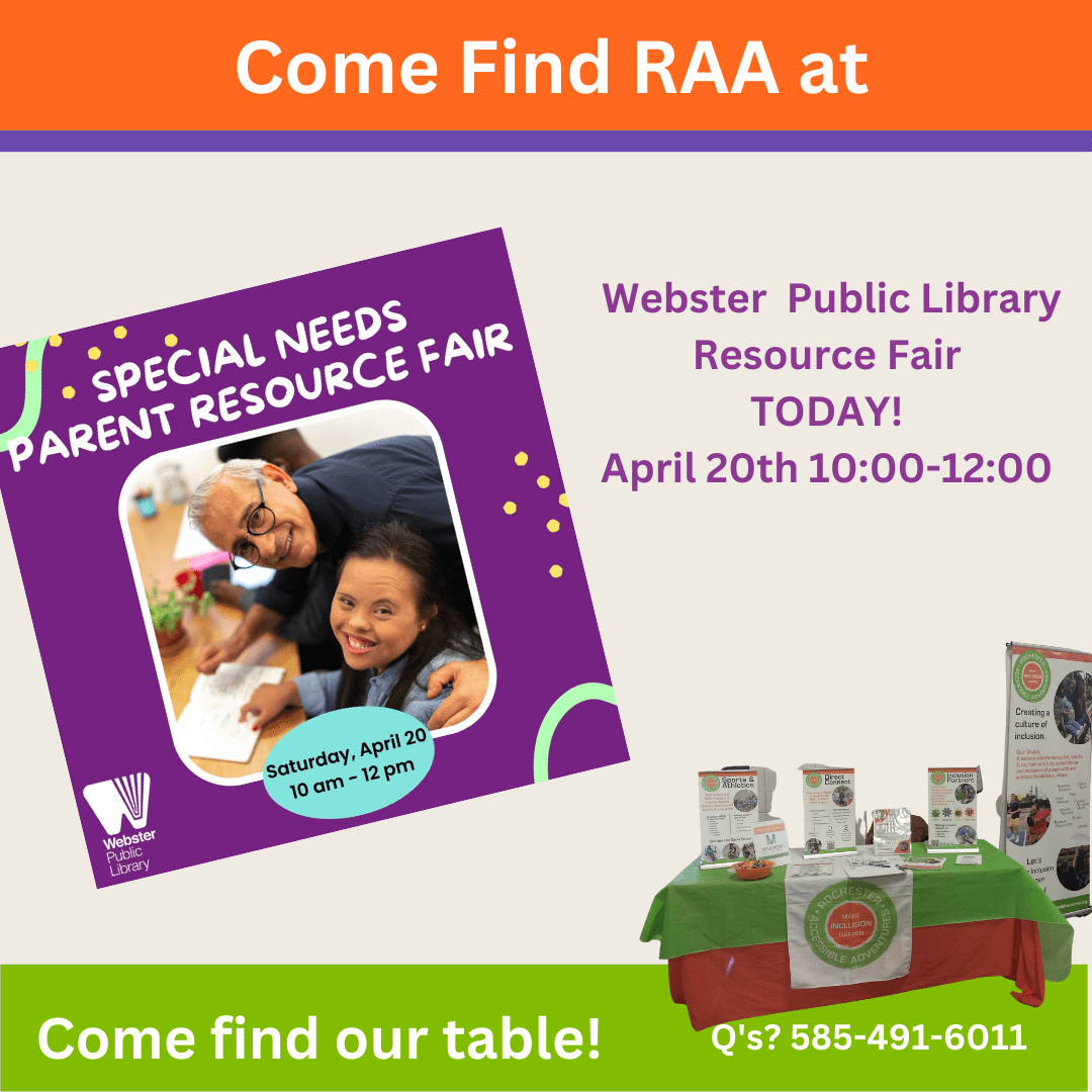 Flyer showing RAA's info table and a Save the Date for a resource fair at Webster Public Library on April 20th.