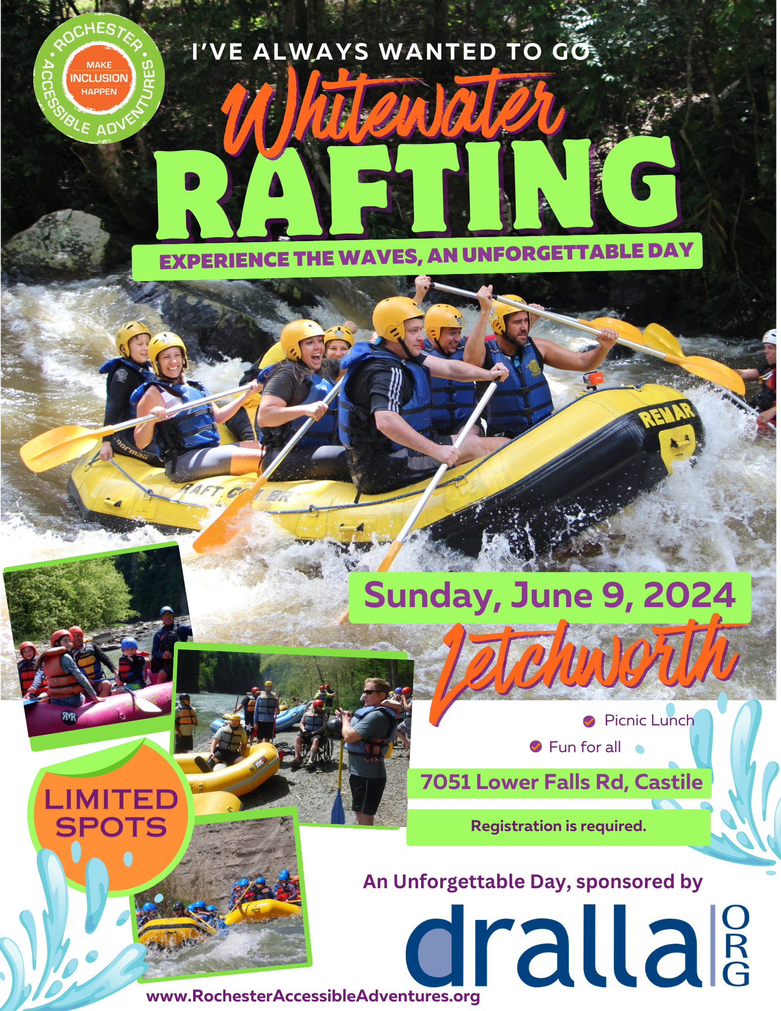 A flyer of folks rafting on a river with images included from Adventure Calls Outfitters's website showing people who use mobility devices in groups rafting. Info provided about the June 9th opportunity.