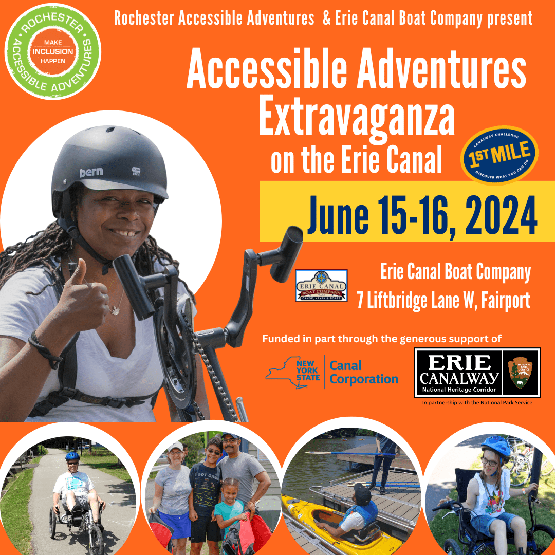 Bright orange flyer with five photos of people enjoying inclusive kayaking and cycling with adaptive equipment; info for event on June 15-16.