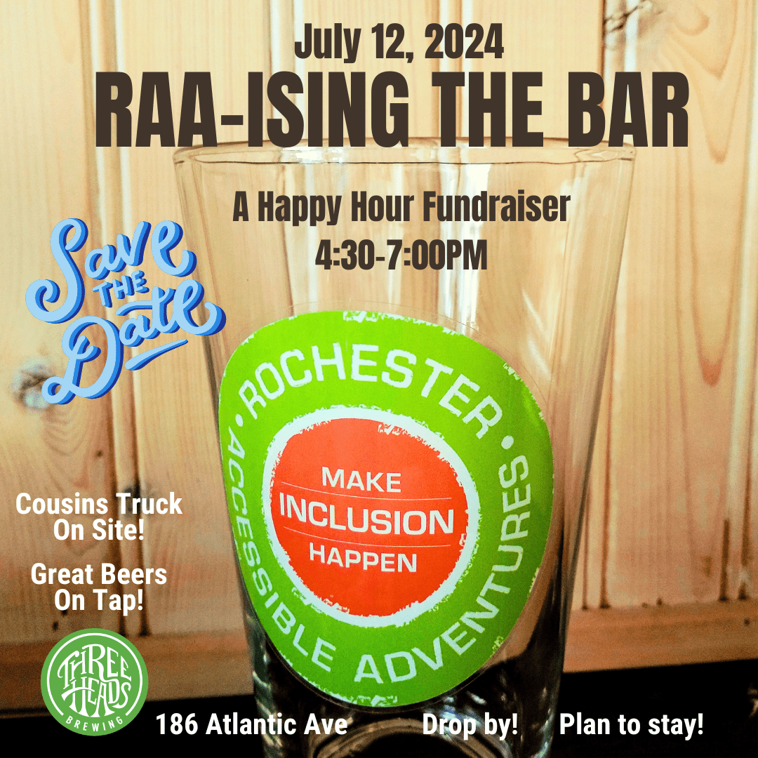 A clear beverage glass with RAA's green and orange circle logo, invitation to RAAising the Bar July 12th at Three Heads Brewing, a Happy Hour Fundraiser celebration!